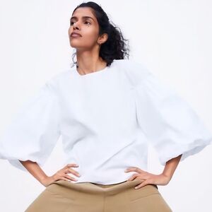 Zara White Cotton Blouse XS Balloon Puff Sleeve Summer Relaxed Boho Top FLAW